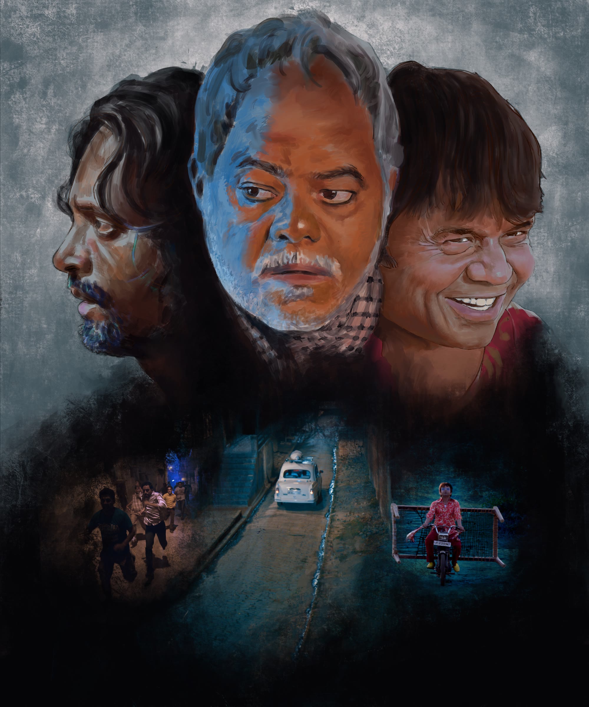 Painted key art: Prashant Narayanan, Sanjay Mishra and Rajpal Yadav above a night road